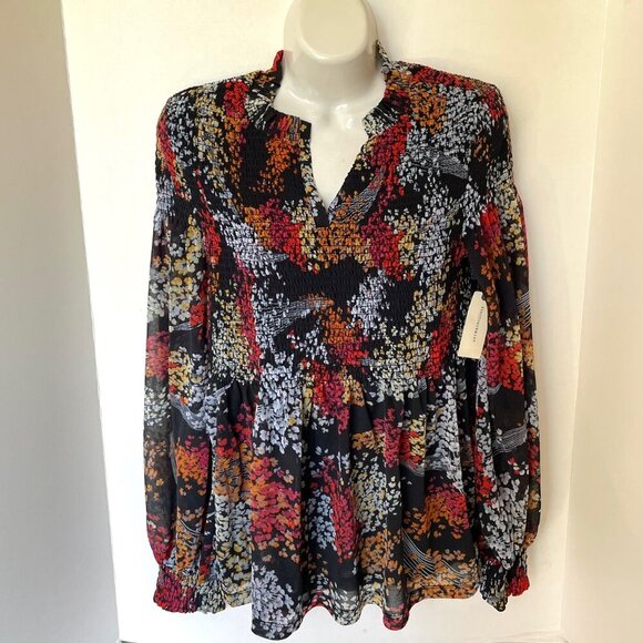 Anthropologie Floral Blouse Womens XS V-Neck Smocked Long Sleeve Relaxed Tunic - Picture 3 of 15